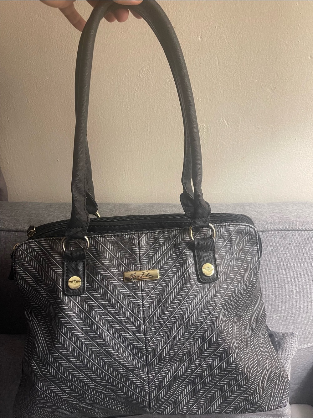 Marc Fisher Black Chevron Tote with Gold Hardware